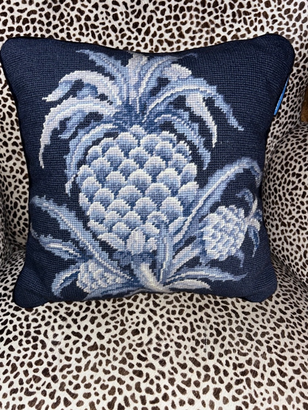 Williamsburg navy and sky blue Pineapple needlepoint accent pillow